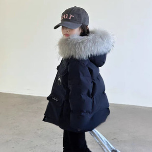 工装风大毛领连帽棉服女孩冬装加厚中长款保暖外套女大童韩版棉袄