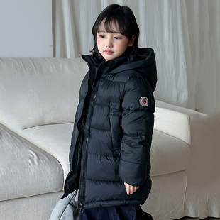 儿童连帽棉服男女童加厚中长款冬季保暖外套小学生黑色耐脏棉袄