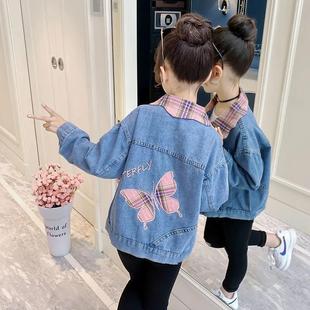 女童外套春秋短款牛仔上衣女孩中大童韩版休闲格子领儿童休闲褂子