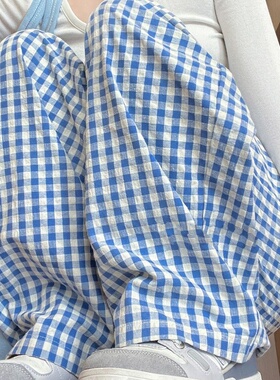 女大童蓝色慵懒风格子裤女春夏季2026垂感宽松直筒休闲遛弯阔腿裤