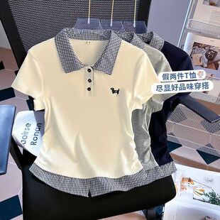 女大童假两件拼接格子polo领短袖t恤夏季小众初中生修身翻领上衣