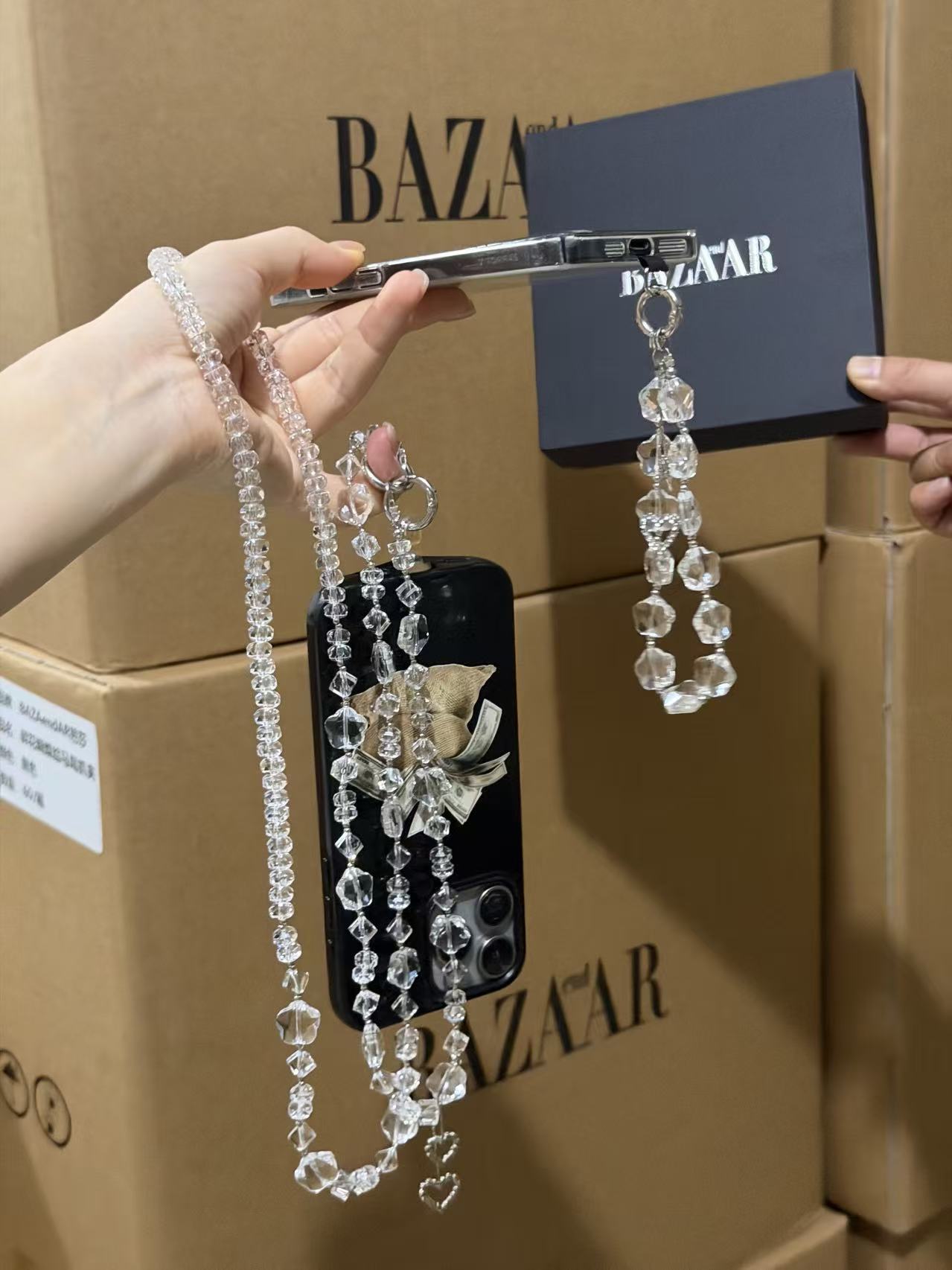 轻奢炫彩水晶水滴手机壳挂链短款手腕手工串珠挂绳钥匙包包挂件潮