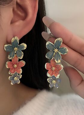 银针春日新款油画彩色花朵吊坠