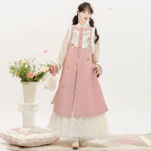 【粉黛】原创汉服女长款比甲蛋糕裙圆领改良国风套装新中式秋冬款