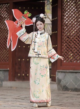 原创【晚清】汉服女清代公主服装格格服印花古装马甲清朝旗装两件