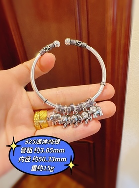 925纯银泰国手工开口镯大象手镯五只小象手镯吉象复古进口做工