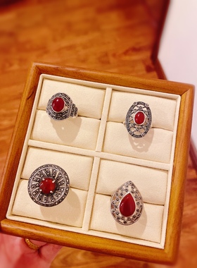 泰银红玛瑙戒指925纯银复古钨钢钻马赛克宽面夸张水滴戒指银质厚