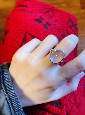 尼泊尔进口天然粉晶戒指925纯银粉晶食指戒通透手工素银戒托礼物