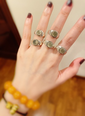 尼泊尔进口天然葡萄石戒指925纯银葡萄石高级绿小巧日常通勤礼物