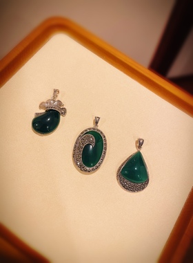 泰银绿玛瑙吊坠925纯银手工马赛克钨钢钻天然宝石沉稳大气毛衣坠