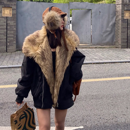 冬季新款可拆卸大毛领座山雕外套女加绒加厚派克服男美式机车棉服