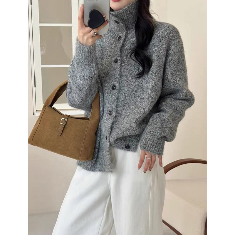毛衣女款2026新款小个子慵懒风宽松冬季可外穿针织开衫灰色外套
