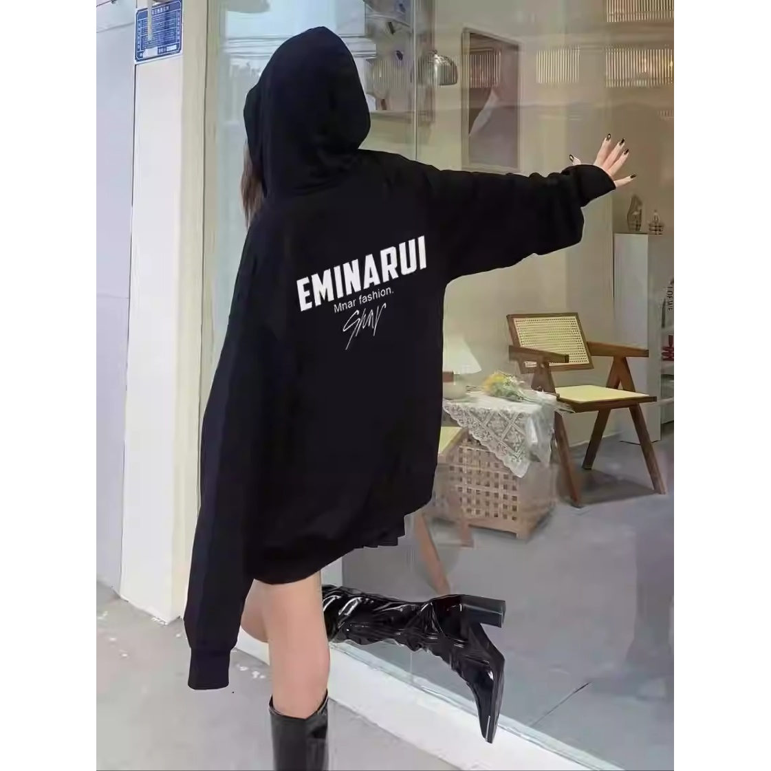 2026新款宽松慵懒风薄款上衣早秋小个子中长款外套连帽卫衣女