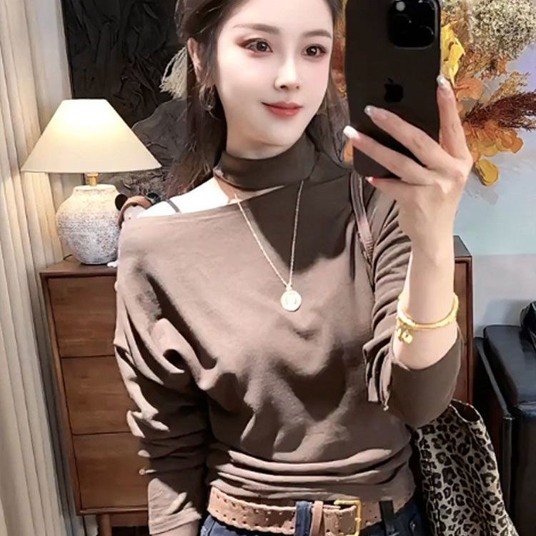 露肩长袖T恤女设计感显瘦大码德绒打底衫内搭性感2025新款上衣冬