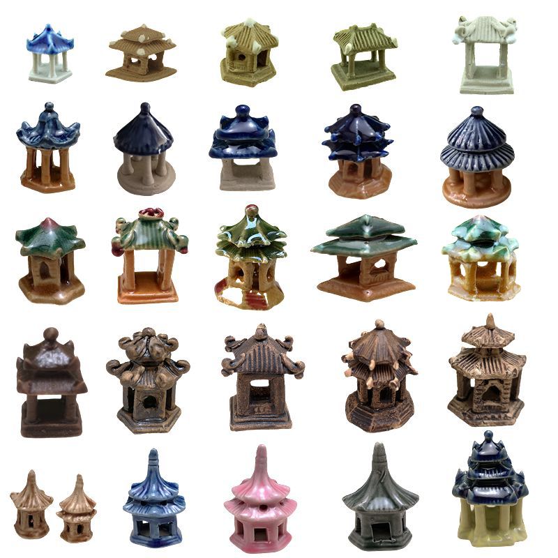 假山盆景小摆件吸水石配件中式古典陶瓷建筑模型微型凉亭小亭子