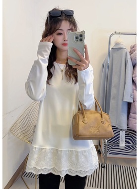 浪漫蕾丝拼接长袖T恤女白色遮肉显瘦减龄上衣遮肚小衫