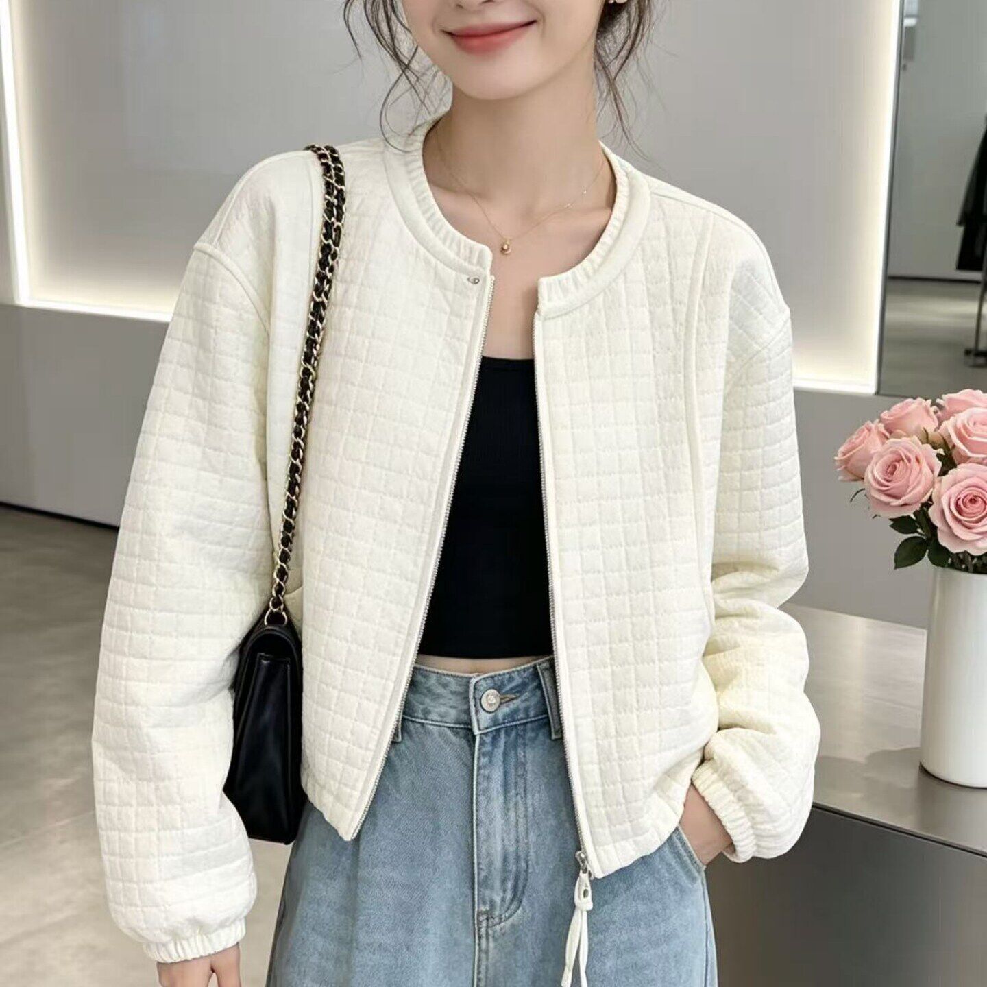 韩版宽松短款外套女拉链圆领棒球服通勤百搭夹克上衣2026秋冬季新