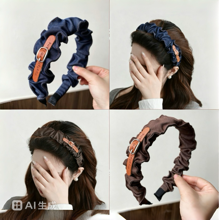 韩系牛仔褶皱花边宽边发箍