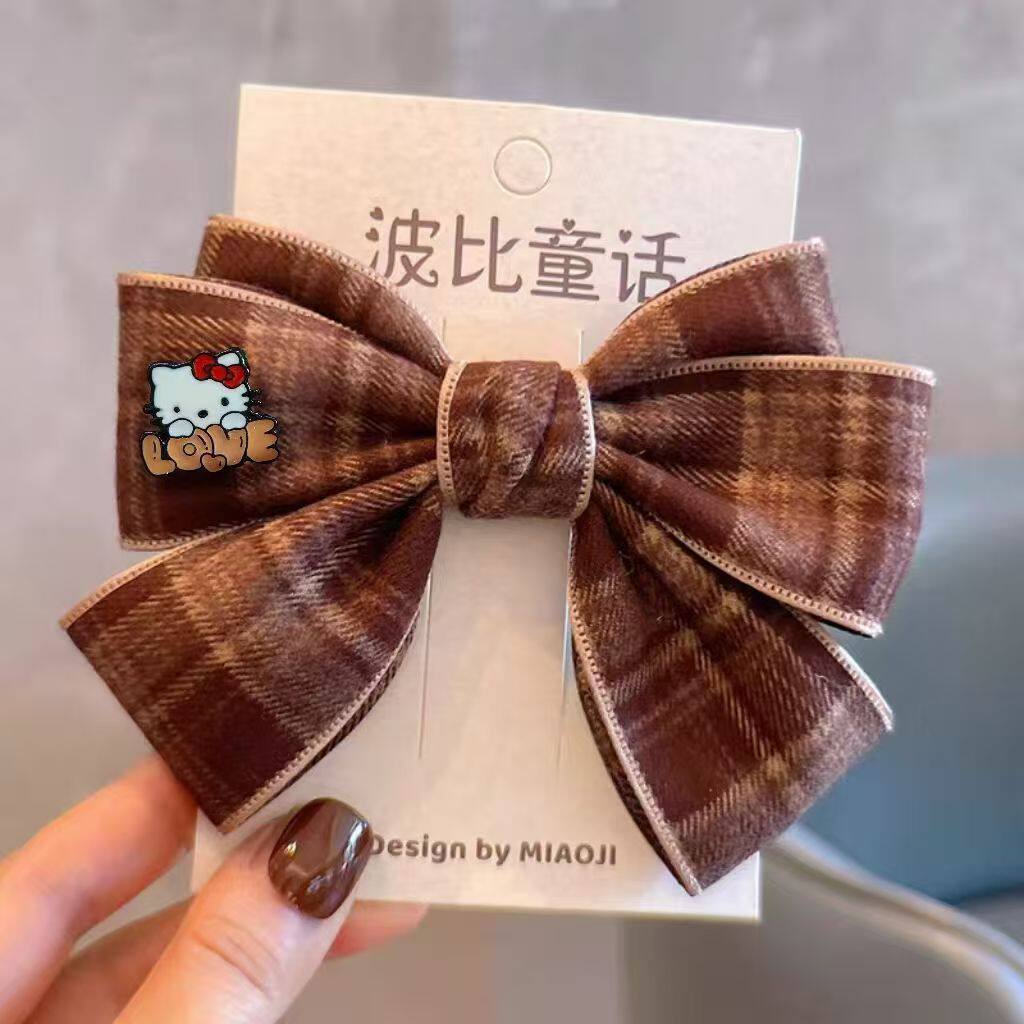 新款韩版秋冬呢料英伦风格子蝴蝶结kt儿童发夹发饰头饰鸭嘴夹
