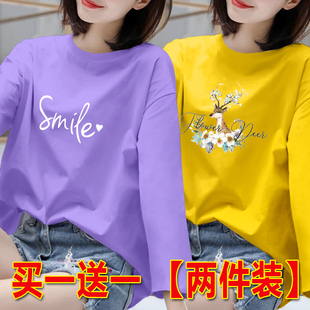 长袖t恤女2025春秋季新款女装韩版宽松ins打底衫印花圆领上衣服潮