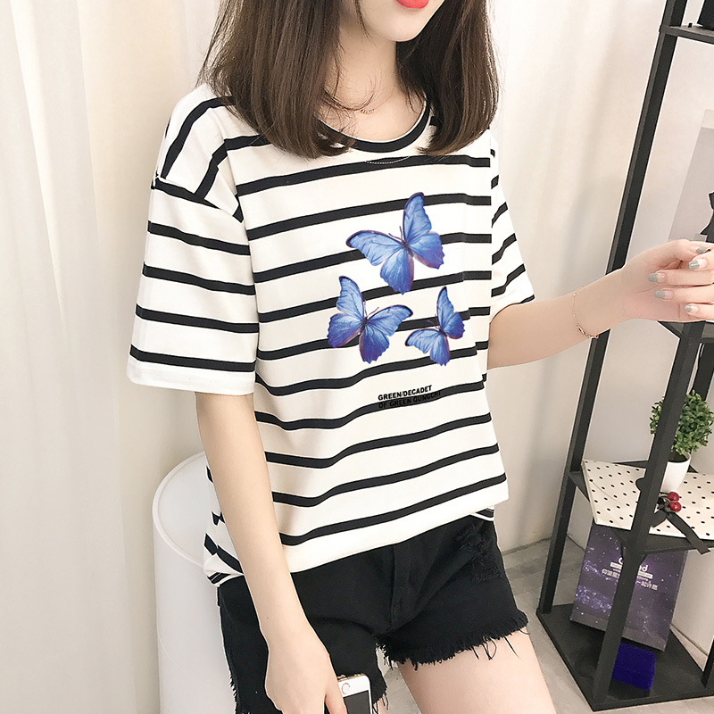 Net Red Butterfly shirt cotton loose large black and white stripe short sleeve shirt