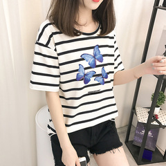 Net Red Butterfly shirt cotton loose large black and white stripe short sleeve shirt