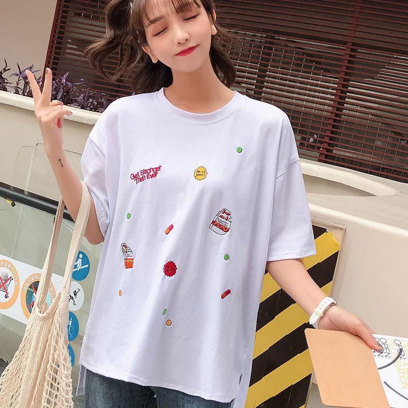 Red harbor style Summer Edition short sleeve Harajuku Style Embroidered T-shirt women's cotton