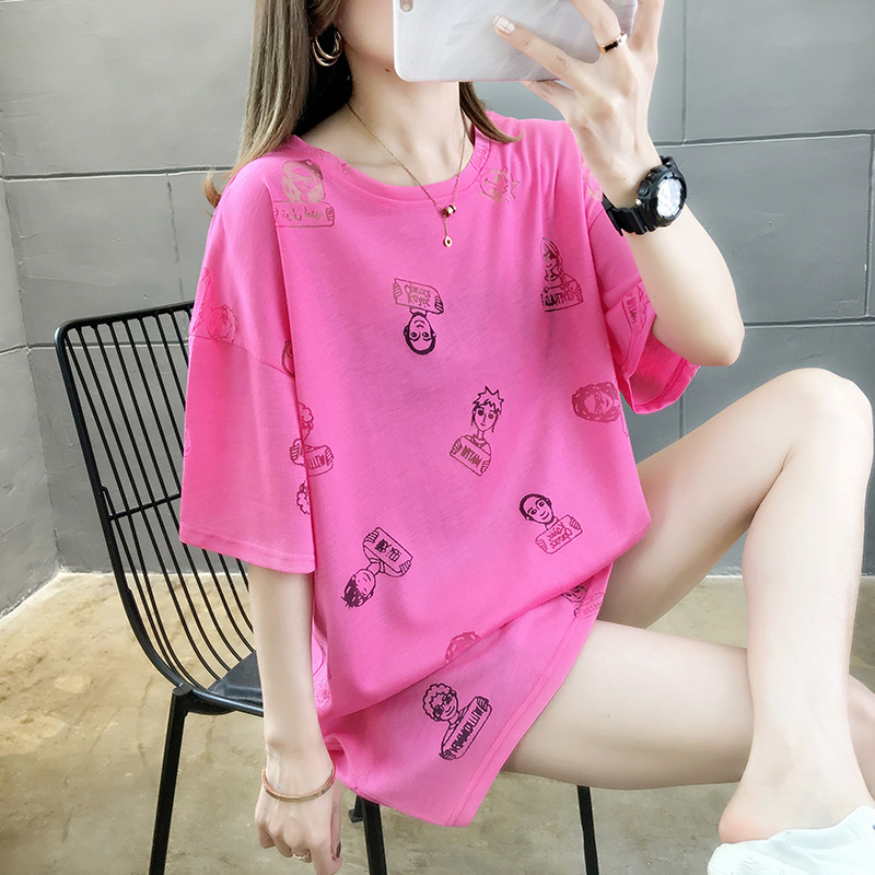 Summer net red medium length loose large short sleeve shirt