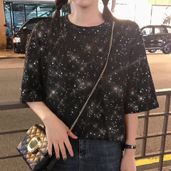 實拍時尚重工點錫亮片短袖創意星空恤女雙磨