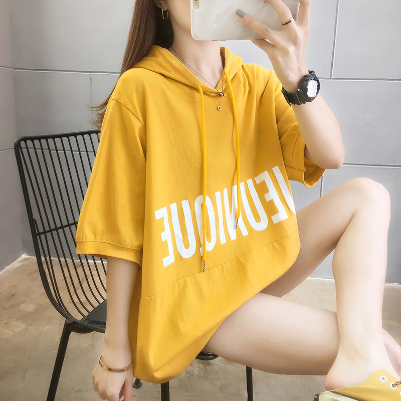 Summer loose hooded Cotton Short Sleeve Sweater versatile top student T-shirt
