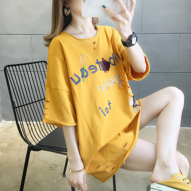 2021 summer new cotton loose large embroidery worn round neck short sleeve T-shirt for women
