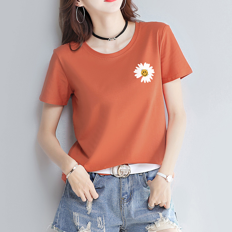 Cotton loose black and white daisy short sleeve T-shirt