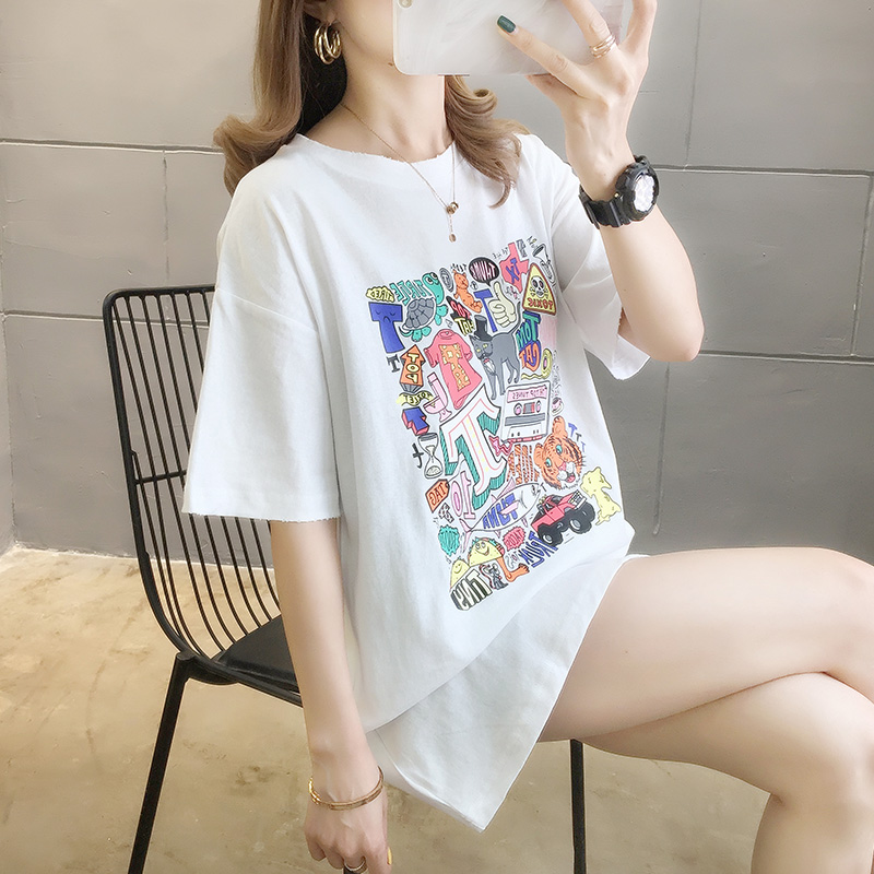 Real shot of summer new mid long round neck short sleeve T-shirt