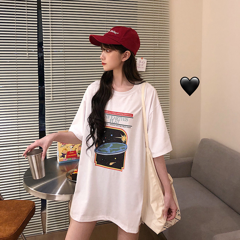 Real shot net red loose side split personalized printing short sleeve medium length T-shirt 6535 cotton