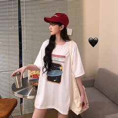 Real shot net red loose side split personalized printing short sleeve medium length T-shirt 6535 cotton