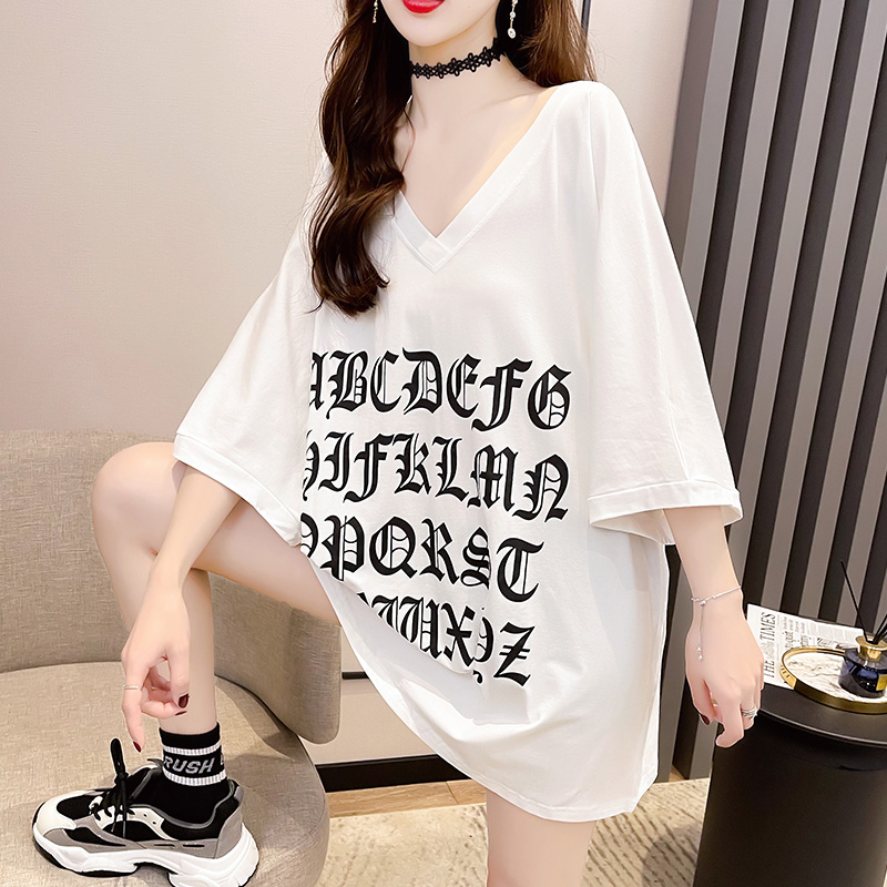 Summer new loose medium length front and back print collar short sleeve T-shirt