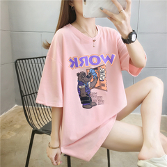 Real shot large round neck loose letter Quarter Sleeve creative T-shirt