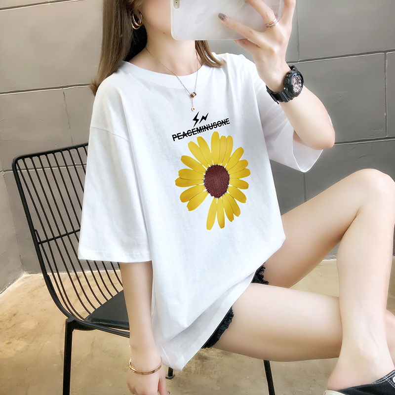 Real shot summer loose size black and white small daisy round neck short sleeve T-shirt