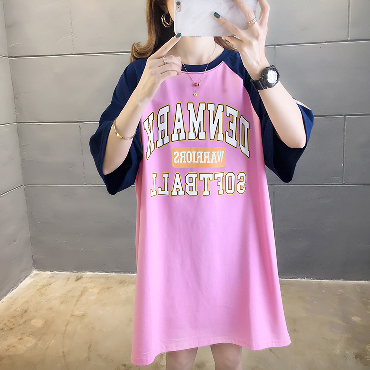 Real shot summer new color matching medium length short sleeve T-shirt pull frame