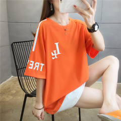 Real time pull frame cotton large size medium length printed commuter short sleeve T-shirt