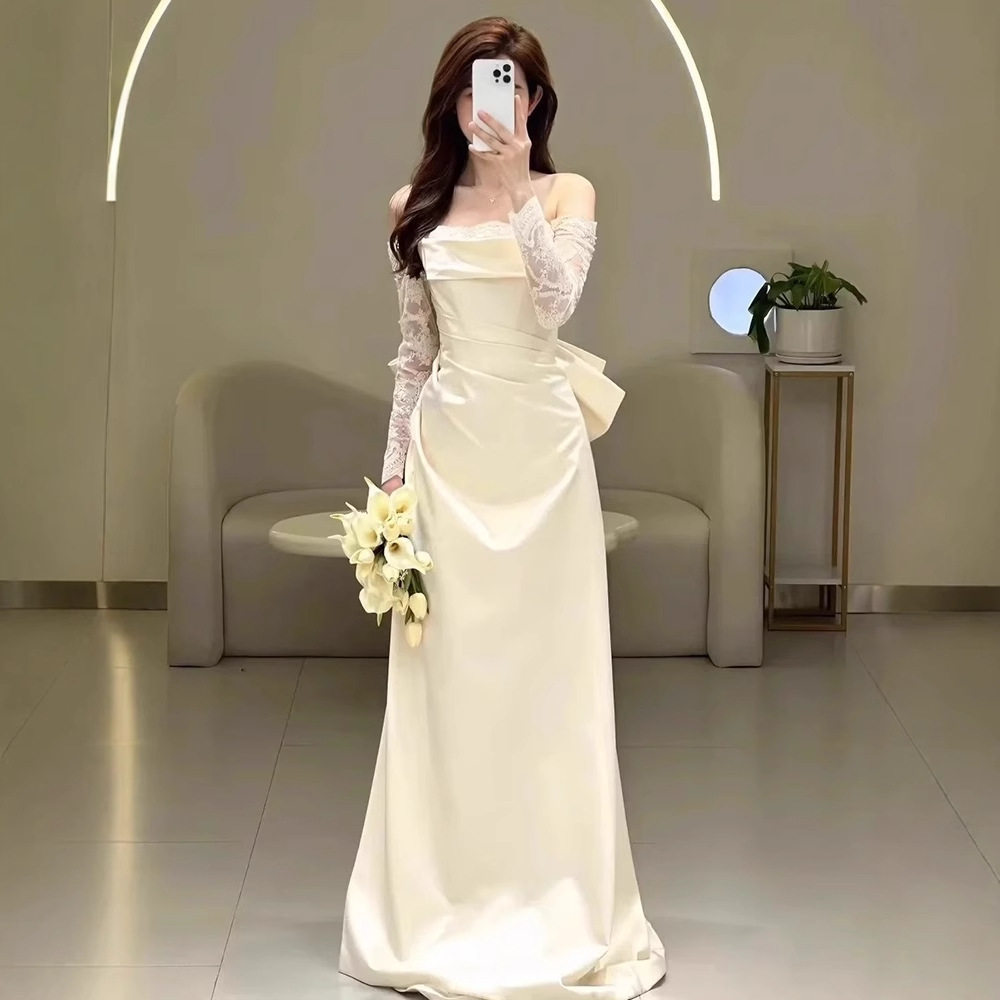 法式轻婚纱森系简约超仙蕾丝迎宾纱名媛宴会一字肩白色缎面礼服裙