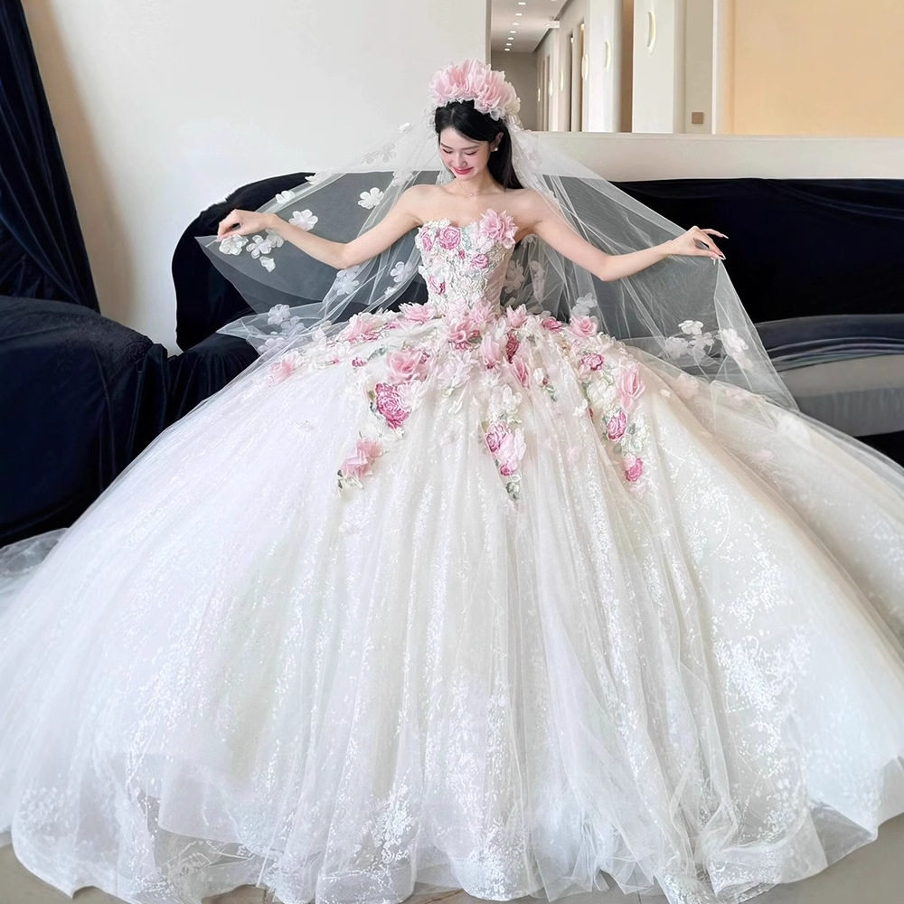 抹胸轻婚纱礼服裙超仙甜美立体花朵白色新娘出门迎宾纱高级感拖尾