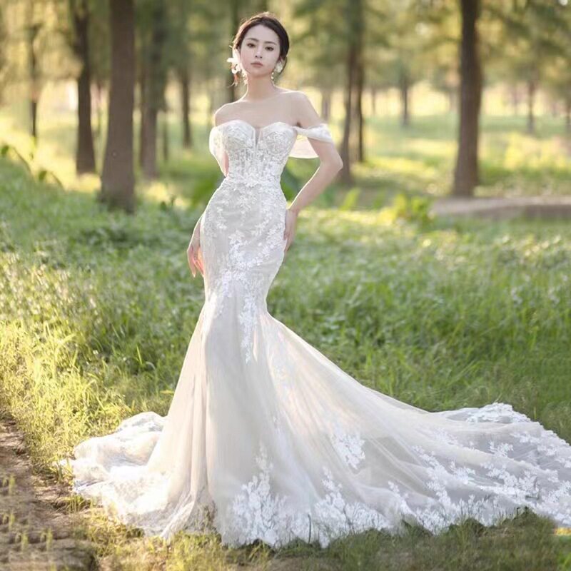 一字肩法式出门轻婚纱2026新款小礼服新娘小个子鱼尾婚纱森系婚纱