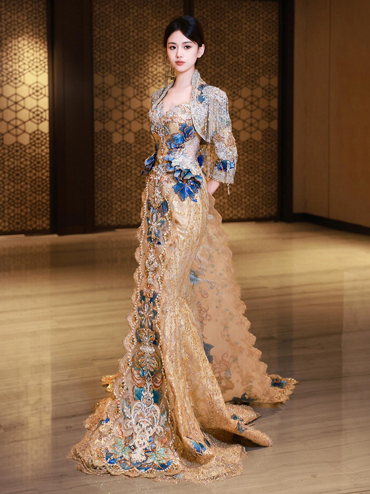 香槟金蓝秀禾服婚服2025新款重工拖尾新娘婚礼敬酒服中式嫁衣冬款