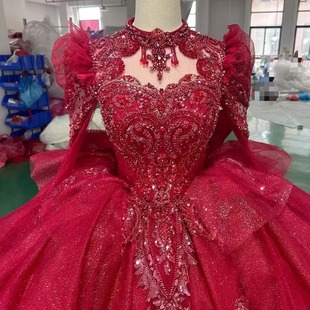 红色婚纱主纱2025新款 新娘出门蓬蓬裙敬酒服新娘舞台晚礼服拖尾