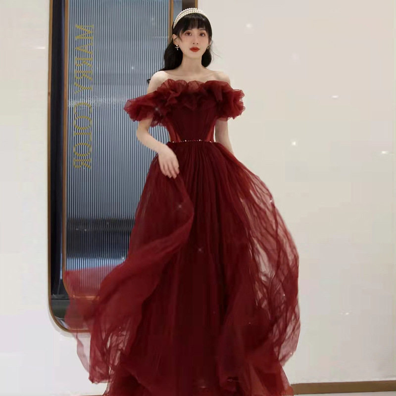 设计感敬酒服新娘2026新款夏季红色晚礼服一字肩轻奢跨境大码胖mm
