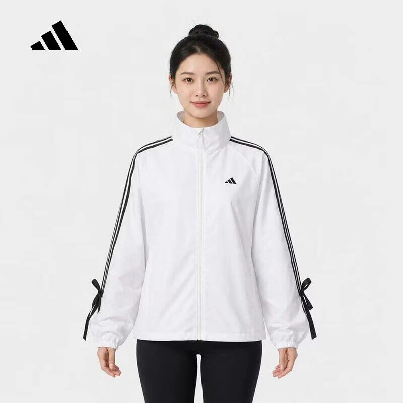 adidas阿迪达斯女三条纹夹克防风蝴蝶结系带白色外套上衣LD2934