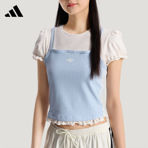 Adidas阿迪达斯三叶草女子休闲短袖T恤韩系花边下摆泡泡袖KY3298