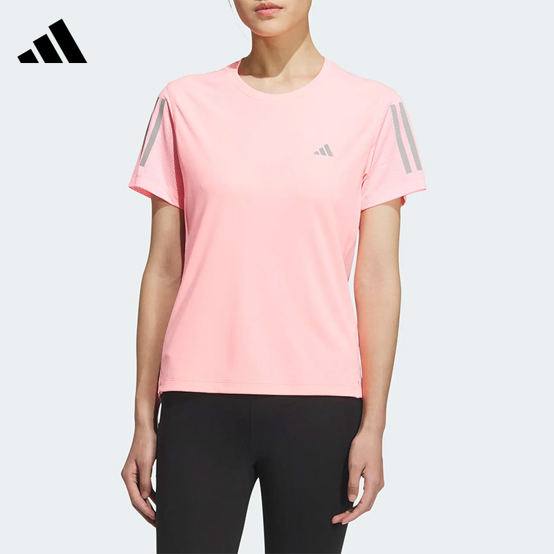 Adidas阿迪达斯粉色短袖女t恤夏季新款透气运动休闲上衣JZ2201