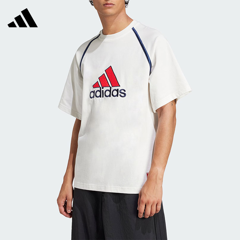Adidas阿迪达斯纯棉T恤男女复古刺绣logo宽松运动圆领短袖IM7840